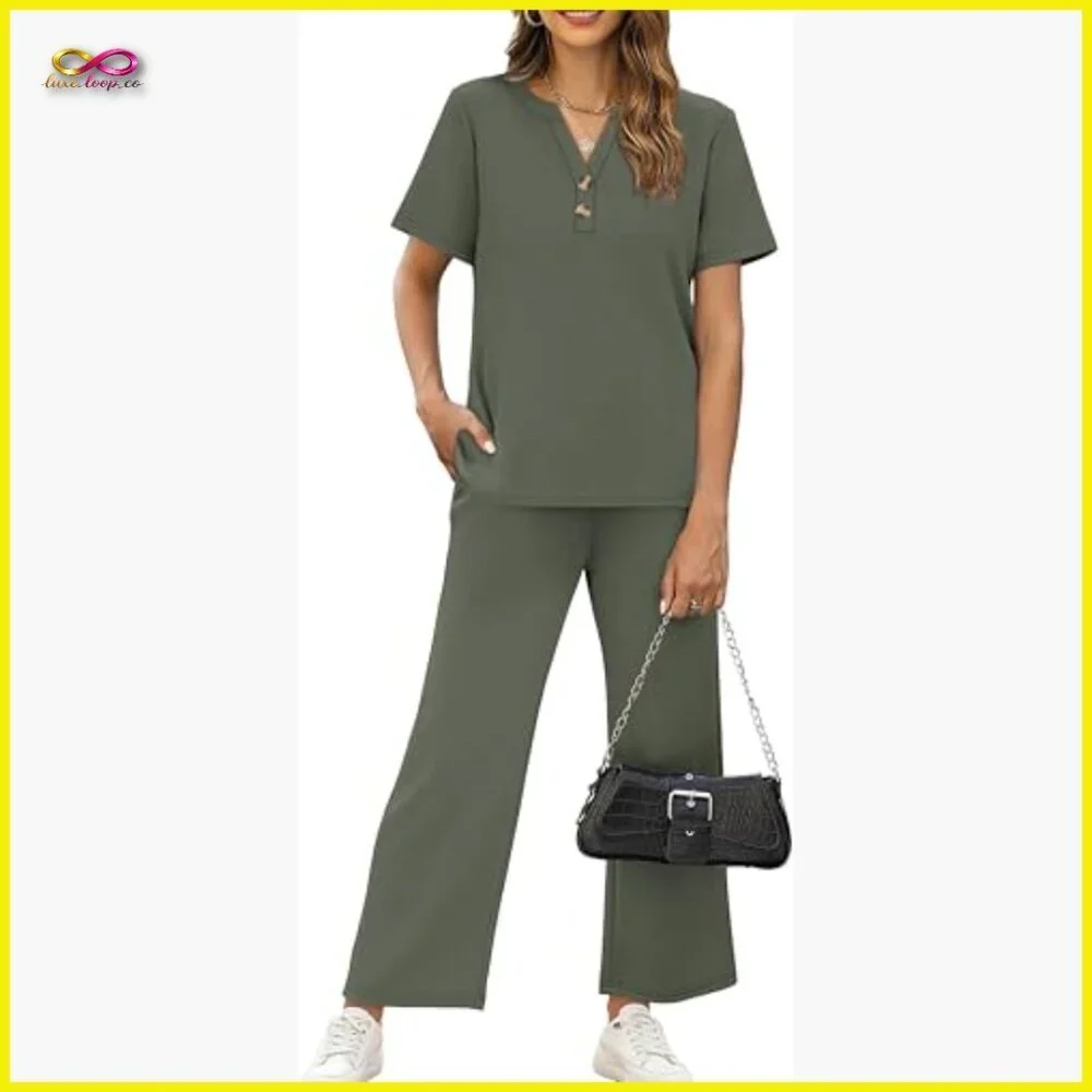 Two Piece Matching Set Wide Leg Crop Pants V Neck Top Resort Wear